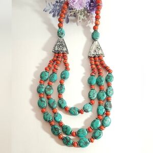 Vintage Turquoise & Coral Stone Beaded Multi Strand Necklace Statement Necklace